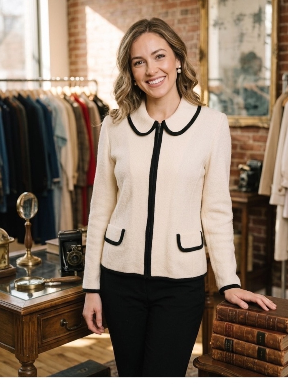 Vintage Austin Reed Merino Wool Cardigan Sz 6 Cream Black Trim Zip USA Made Mod